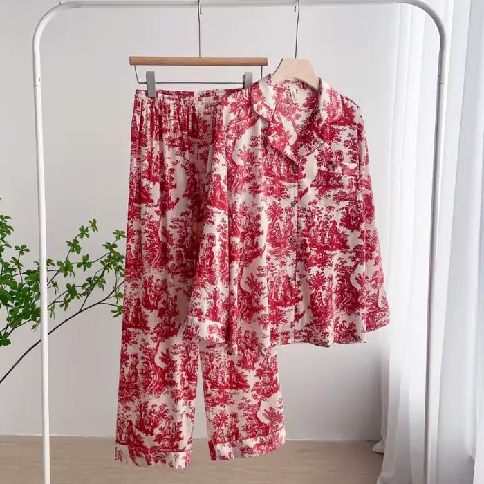 Ensemble pyjama en soie glacée et neige imprimé à l'encre pour femmes, vêtements de nuit simples à petit revers, manches longues, pour la maison, printemps et automne