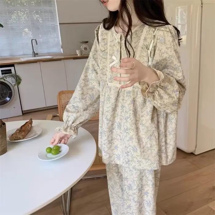 Pyjama grande taille pour femme, style jardin, tenue de nuit et d'intérieur, ensemble deux pièces, version coréenne avec nœud, manches longues pour l'extérieur