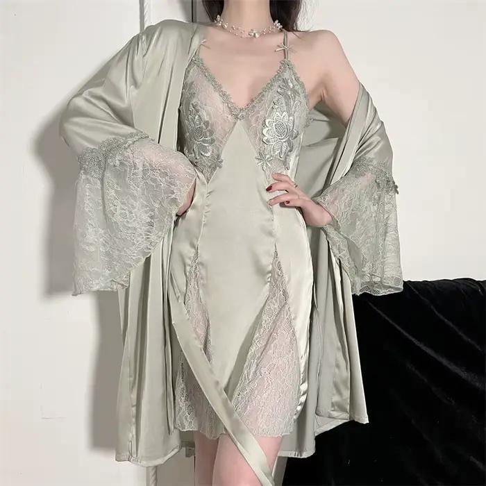 Robe de nuit brodée Sexy pour femmes, ensemble de vêtements de nuit, Patchwork dentelle, rayonne, peignoir décontracté pour la maison, été