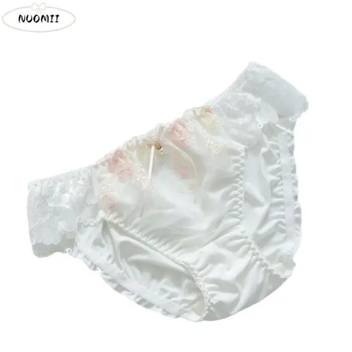 Culottes en dentelle pour femme avec nœud, entrejambe en coton, broderie douce, taille mi-haute en maille, sous-vêtements féminins
