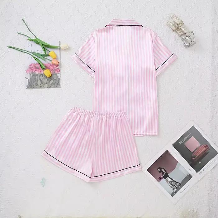 Pyjama en Satin de soie à rayures roses pour femmes, haut et Short à manches courtes, col en v, vêtements de nuit de haute qualité pour dames, vêtements d'extérieur