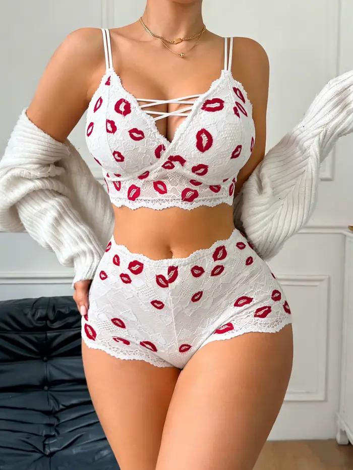 Sexy krajkový lingerie set s potiskem rtů na Valentýna