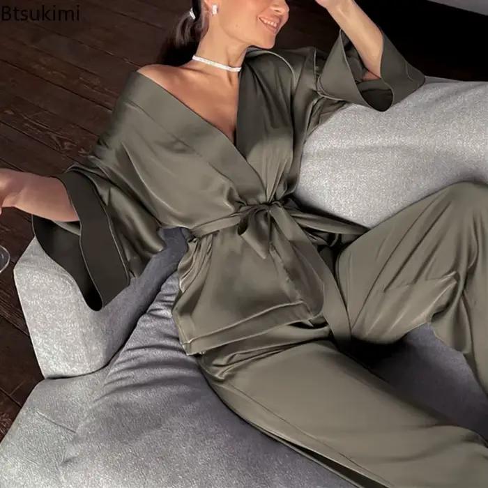 Ensemble pyjama assorti avec ceinture pour femmes, pièces de remorquage en Satin, doux et ample, décontracté, couleur unie, vêtements de nuit pour la maison, 2026
