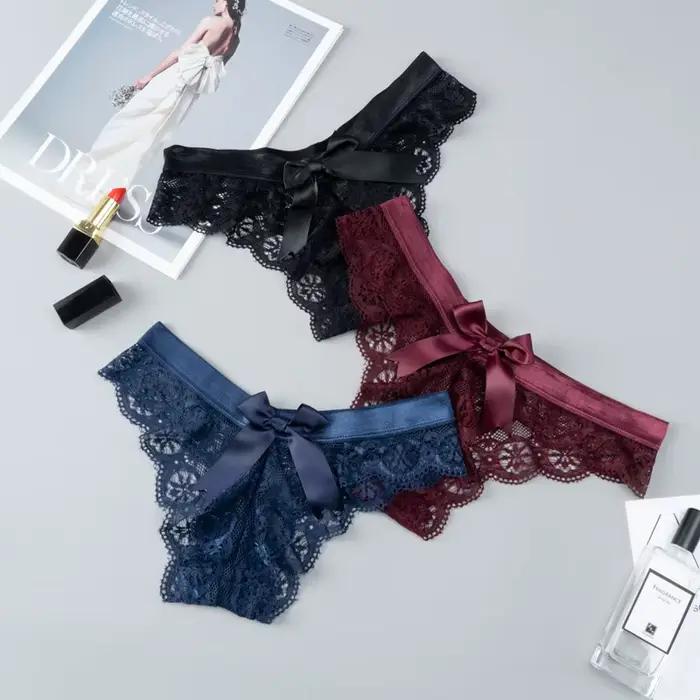 Incroyable femmes Lingerie G String sous-vêtements en dentelle femme nœud Sexy t-back String dame Transparent taille basse culotte