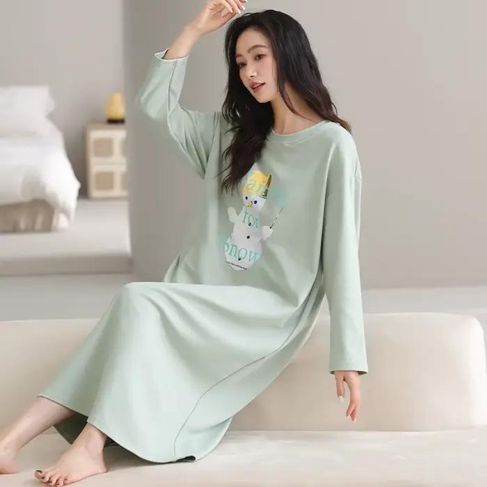 Nouvelle robe de nuit pour femmes en coton 100% pour le printemps et l'automne, imprimé de dessins animés mignons, manches longues, vêtements de nuit décontractés et doux pour femmes