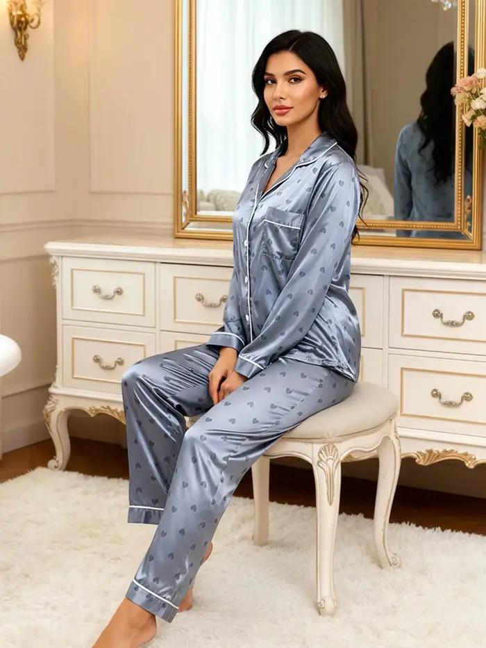 Femmes Pyjamas Satin-like coeur imprimé à manches longues et pantalons pyjama ensemble revers cou vêtements de nuit Pyjamas pour femmes Pijamas pantalons ensembles