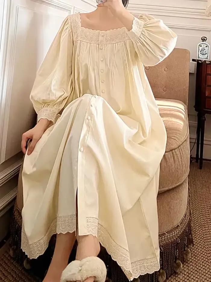 Femmes robe de nuit printemps automne pur coton à manches longues Peignoir romantique Vintage chemises de nuit vêtements de nuit princesse vêtements de nuit