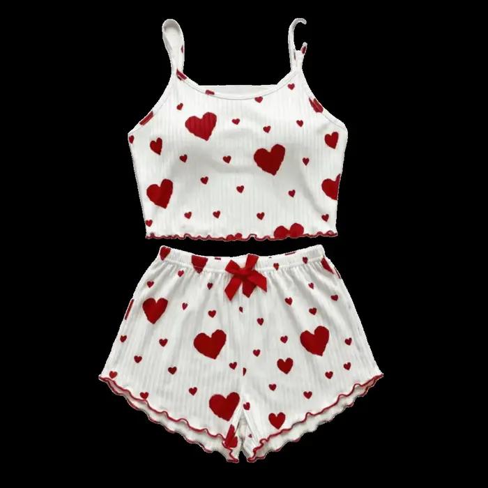 Ensemble de pyjama confortable pour femme, motif cœur, avec nœud, deux pièces, tenue d'intérieur, pyjama d'été, caraco et short pour fille
