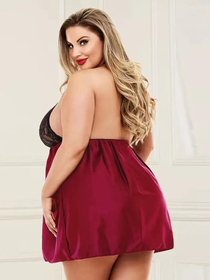 Sexy velikostní spodní prádlo Krajková průhledná noční košile s vázáním na krk