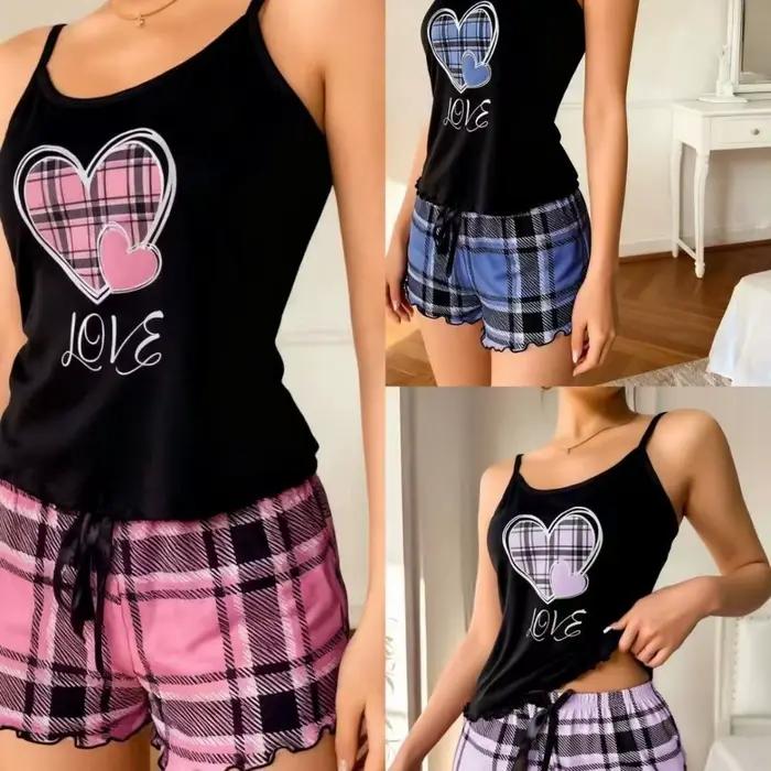 Ensemble de pyjama pour femme Fashion Love Heart, vêtements de maison, nœud papillon, deux pièces, vêtements de nuit, été, confortable, camisole et short, pyjama pour fille