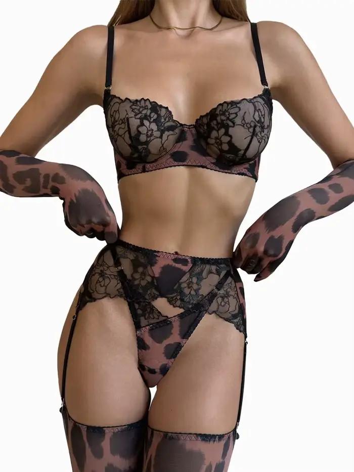 Ensemble soutien-gorge et porte-jarretelles en dentelle imprimé léopard, Sexy, avec gants de bas, Lingerie sensuelle transparente pour femmes, vêtements intimes exotiques
