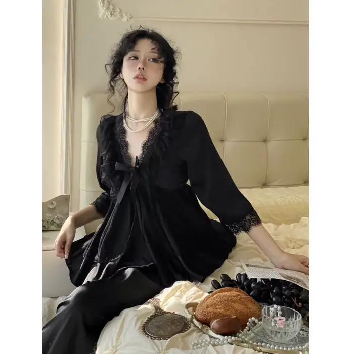 Pyjama princesse Sexy en soie glacée pour femmes, ensemble 2 pièces en dentelle avec nœud papillon, doux, manches longues, pantalon, chemise de nuit, vêtements de nuit, printemps été 2026
