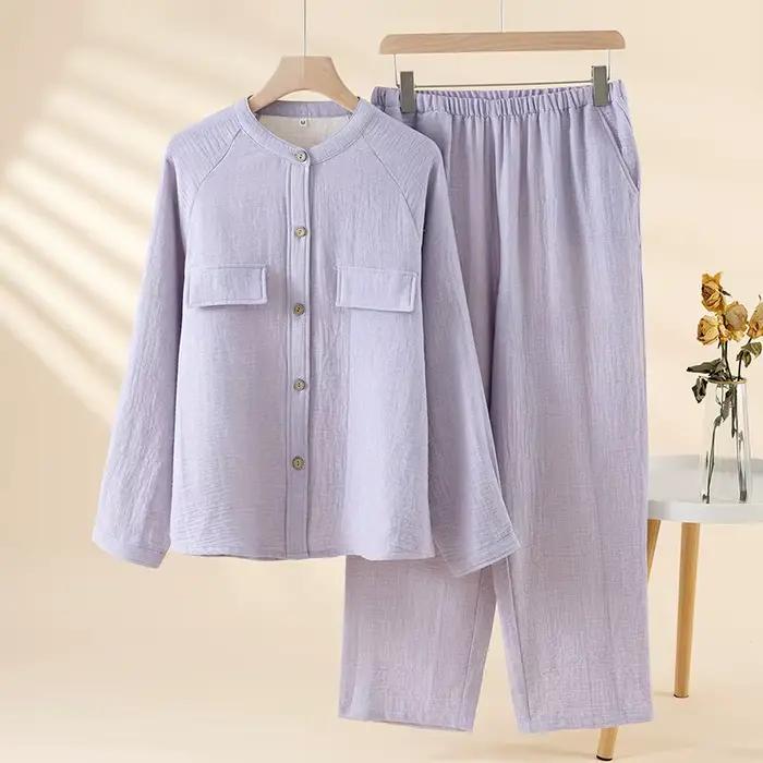 2025 coton et lin pyjamas pour femmes automne à manches longues pantalon ensemble de vêtements de détente col montant couleur unie Pijama 2 pièces