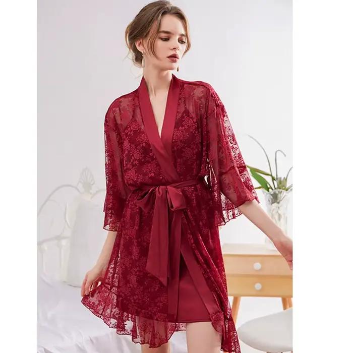 New Spring Summer Nighty For Wife Suspender Lace Nightdress Sexy Sleepwear Bathrobe Sets Two Piece Lingeries Women Nightgowns