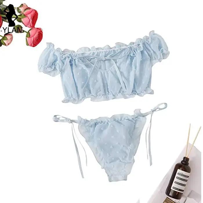 Ensemble de lingerie sexy pour femme en maille, soutien-gorge à épaules dénudées avec volants, culotte transparente à pois, string et bandeaux – Lenceria Intimates