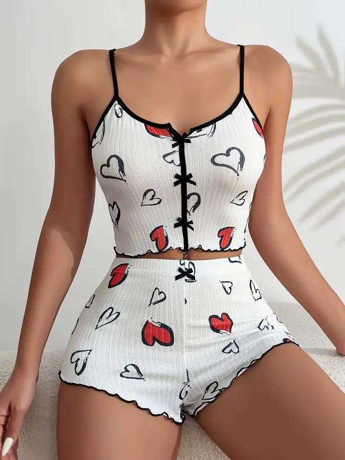 Ensemble pyjama pour femmes, imprimé cœur, côtelé, vêtements de nuit, mignon, haut et short, vêtements de détente, vêtements de maison d'été