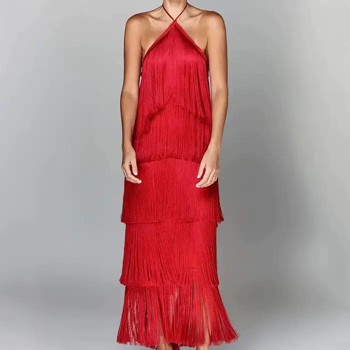 Robe de soirée Chic pour femmes, couleur métallique, Sexy, col licou, à lacets, élégante, dos nu, sans manches, superposée, Slim