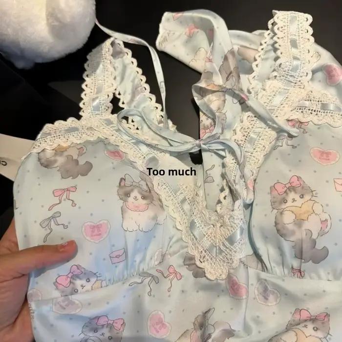 Nouvelle Arrivée Été : Robe de Nuit Courte en Soie Glacée pour Femme, Style Doux et Mignon, Imprimé Chat, Tenue d'Intérieur Décontractée