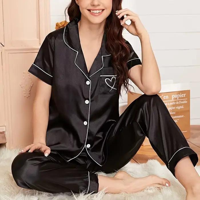 Ensemble de pyjama en satin pour femme, vêtements de nuit luxueux, manches longues, pantalon en Y, poche en forme de cœur, 2 pièces, automne