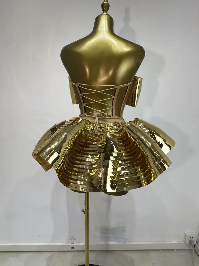 Costumes de danseuse de discothèque, Bustier miroir doré, haut Corset et Mini jupe bouffante, 2 pièces, tenues de soirée Sexy Ses Y2k
