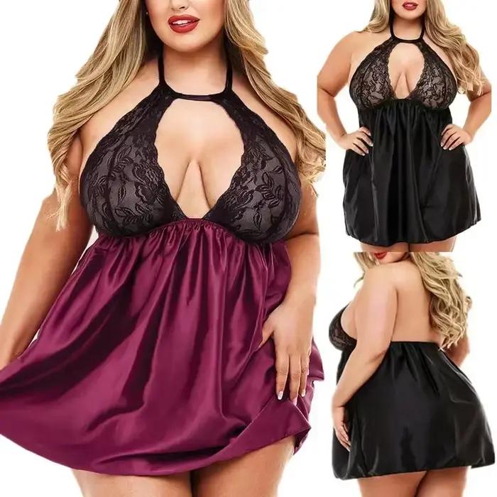 Sexy velikostní spodní prádlo Krajková průhledná noční košile s vázáním na krk