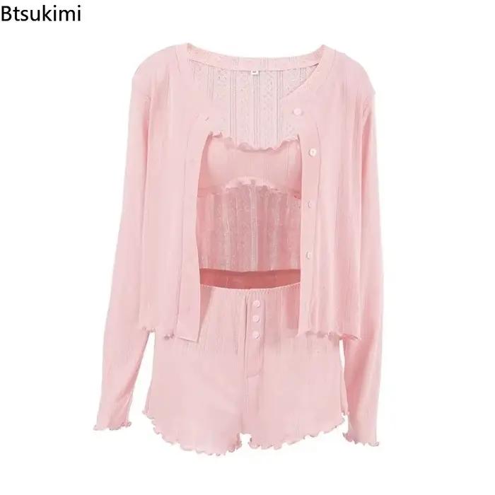 Printemps mode femmes vêtements de nuit costume col rond nuisette à manches longues pyjamas débardeurs pyjamas shorts dames vêtements de nuit 3 pièces ensemble