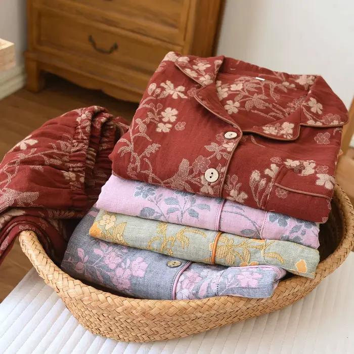 Nouvel ensemble de pyjama 2 pièces pour femme 2026, 100 % coton, pantalon à manches, teint en fil