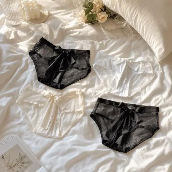 Culottes pour femmes de style français avec un grand nœud, fines, taille basse, lingerie transparente en maille, culottes pour femmes