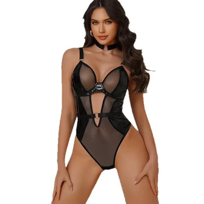 Body sexy en dentelle moulant en polyester respirant, lingerie sculptante fine, modèle séduisant en cuir peint, transfrontalier