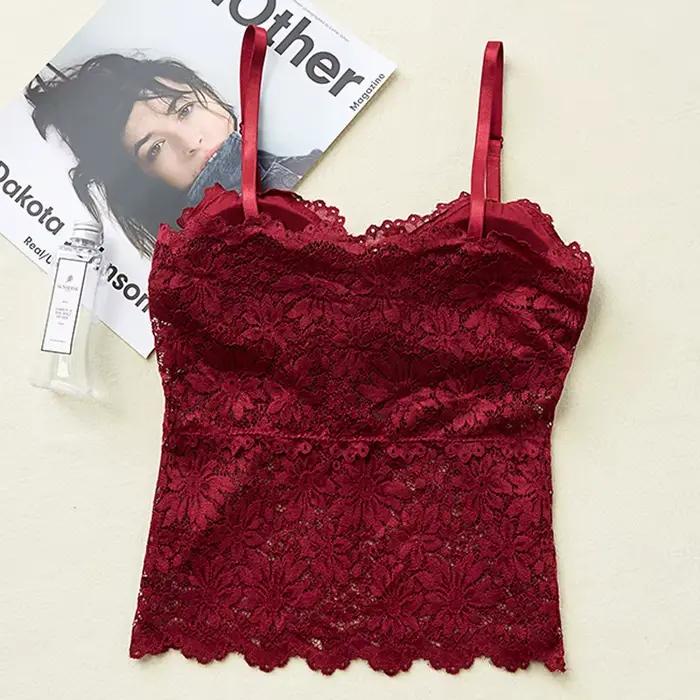 Soutien-gorge en dentelle pour femme, bralette florale sexy, lingerie sans armatures, bretelles réglables, camisole avec coussinets amovibles