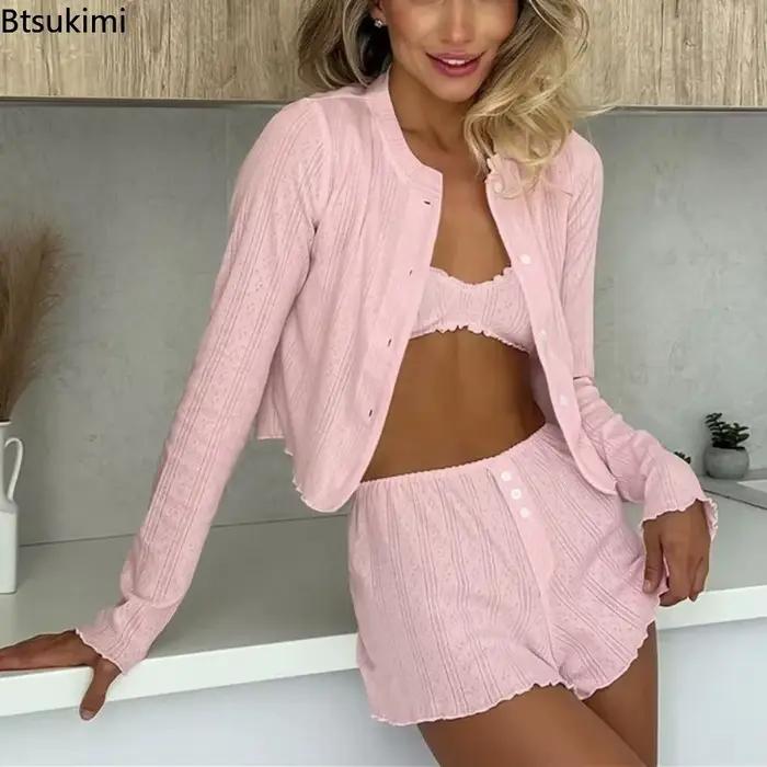 Printemps mode femmes vêtements de nuit costume col rond nuisette à manches longues pyjamas débardeurs pyjamas shorts dames vêtements de nuit 3 pièces ensemble