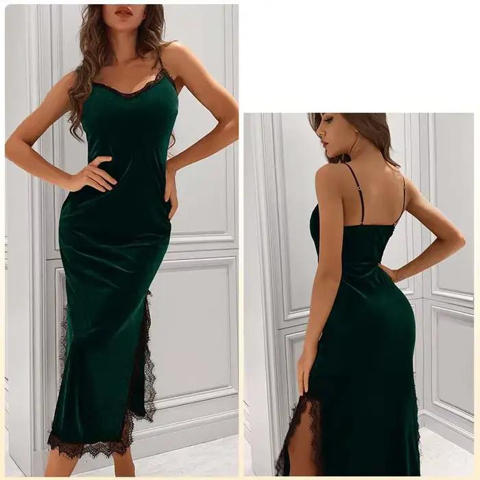 Chemise de nuit pour femme endormie mince vêtements de nuit sexy chemise de nuit printemps été or velours dentelle chemise de nuit femmes longue robe de maison