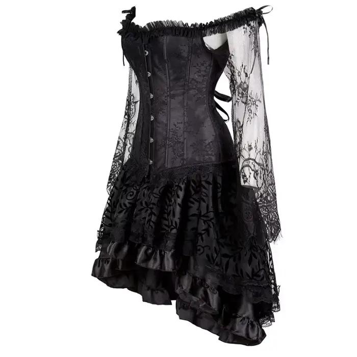 Robe Corset Gothique Florale à Manches Longues et Épaules Dénudées, Ensemble Haut Bustier et Jupe en Dentelle, Robe Bustier à Taille Cintrée