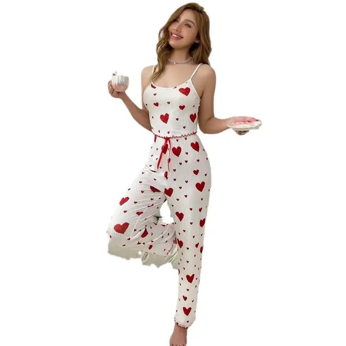 Pyjama grande taille pour femmes, ensemble 2 pièces, gilet court + pantalon, blanc, respirant, doux, décontracté, imprimé d'amour