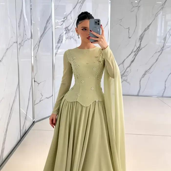 Robe de soirée corset à manches longues 2026 avec appliques florales perlées, dos lacé, coupe trapèze, pour femme, idéale pour les fêtes - Siren Hill