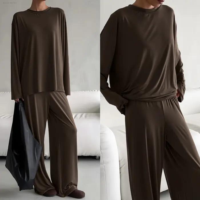 Pyjama en modal doux à manches longues et pantalons longs, ensemble deux pièces, vêtements de maison respectueux de la peau, vêtements de nuit décontractés pour femmes, nouvelle collection été 2025