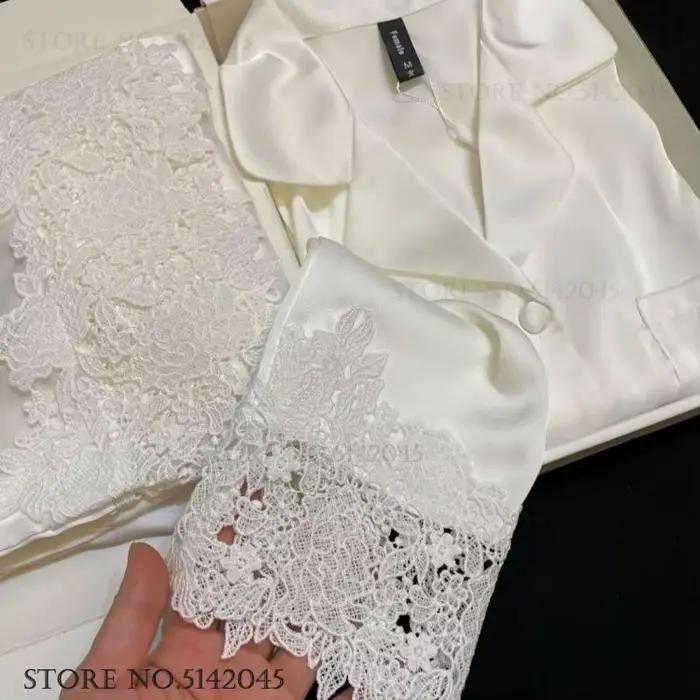 Ensemble de pyjamas de luxe pour femmes, vêtements de nuit élégants en satin de soie blanc avec dentelle, tenue décontractée ample pour la maison