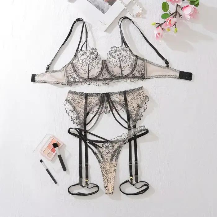 Lingerie sexy et érotique pour femmes, avec broderie fantaisie en dentelle, sous-vêtements éthiques, lingerie audacieuse ultra sexy, tentation intime, ensemble quatre pièces