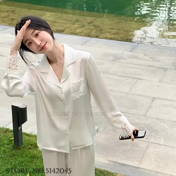 Ensemble de pyjamas de luxe pour femmes, vêtements de nuit élégants en satin de soie blanc avec dentelle, tenue décontractée ample pour la maison