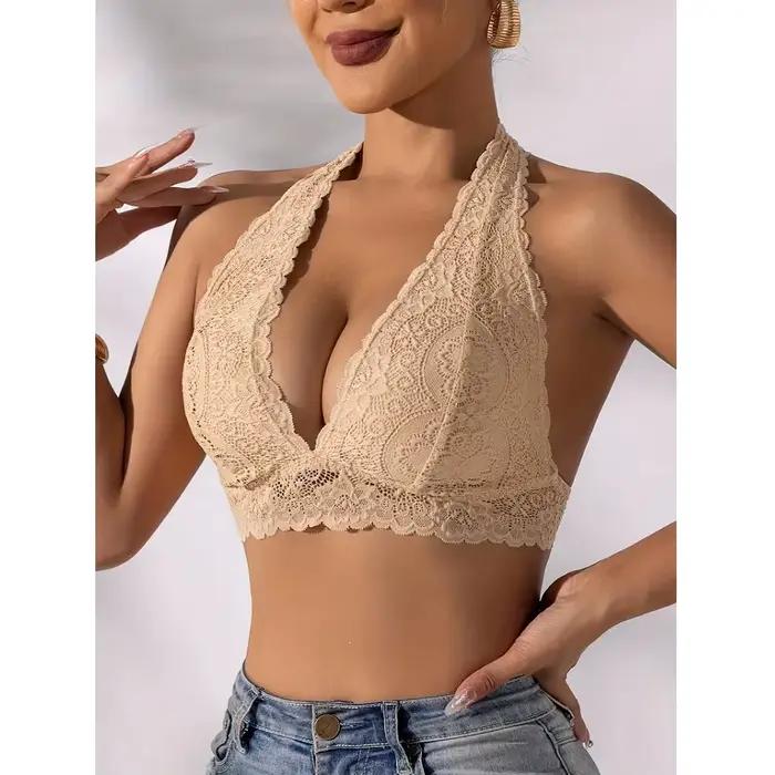 Grande taille Sexy dentelle florale dos nu licou soutien-gorge confortable et respirant col en v profond sans couture sans fil soutiens-gorge femmes sous-vêtements