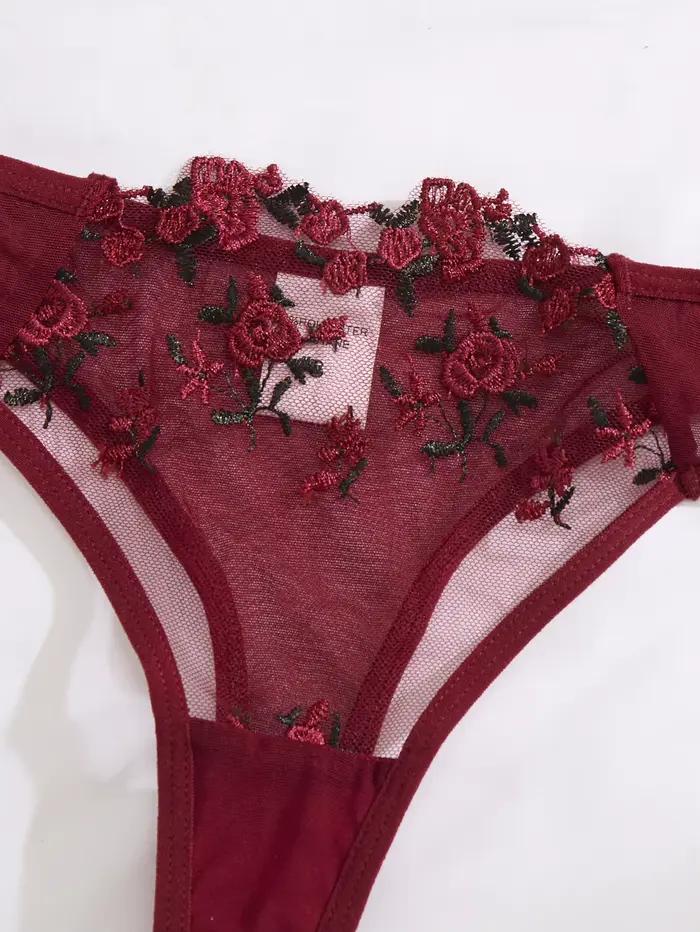 Ensemble de lingerie vintage français brodé de roses rouge vin - soutien-gorge en résille + T-shirt - lingerie féminine sexy et sensuelle ZA824026