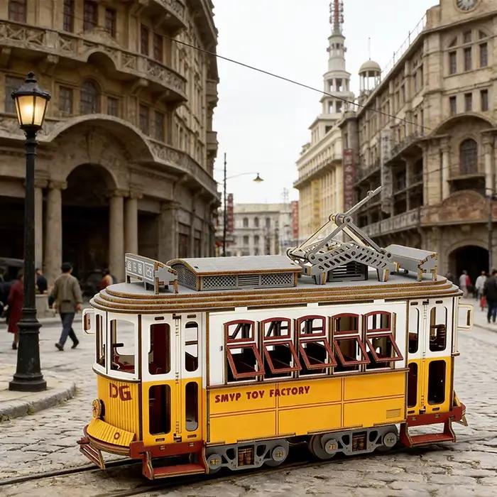 Puzzle 3D en bois Tram : Modèles réduits de tramway, station, voiture rétro, bus, bateau à voile, avion – Jouet d'assemblage DIY pour enfants – Cadeau