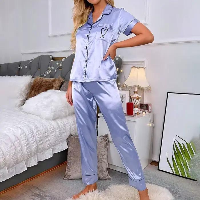 Ensemble de pyjama en satin pour femme, vêtements de nuit luxueux, manches longues, pantalon en Y, poche en forme de cœur, 2 pièces, automne