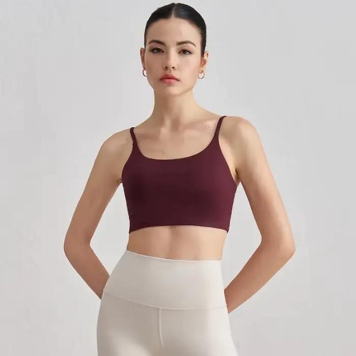 Soutien-gorge de Sport serré de couleur unie pour femmes, bretelles Spaghetti, soutien-gorge de Yoga, sous-vêtements athlétiques, haut souple, Train d'entraînement avec coussinet de poitrine