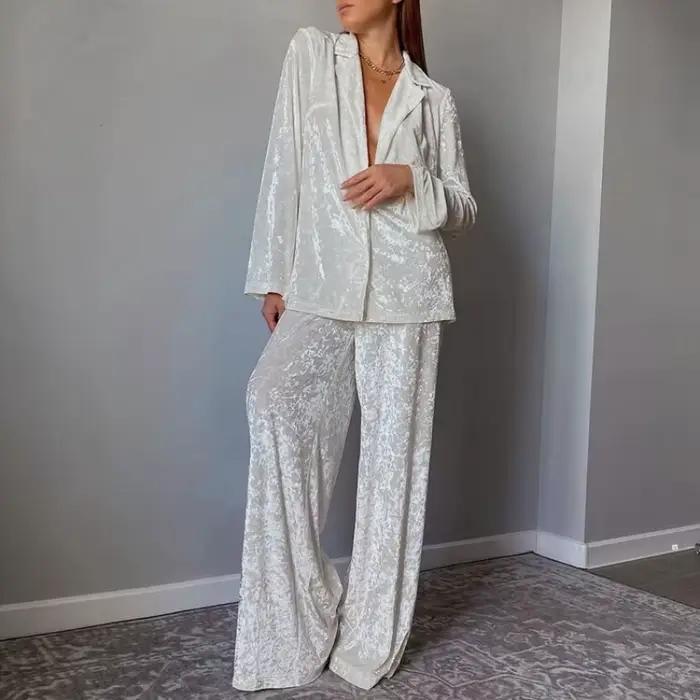Pyjama de luxe pour femmes, ensemble deux pièces élégant, manches longues, chemise à revers, pantalon à jambes larges, tenues d'automne et d'hiver, vêtements de nuit