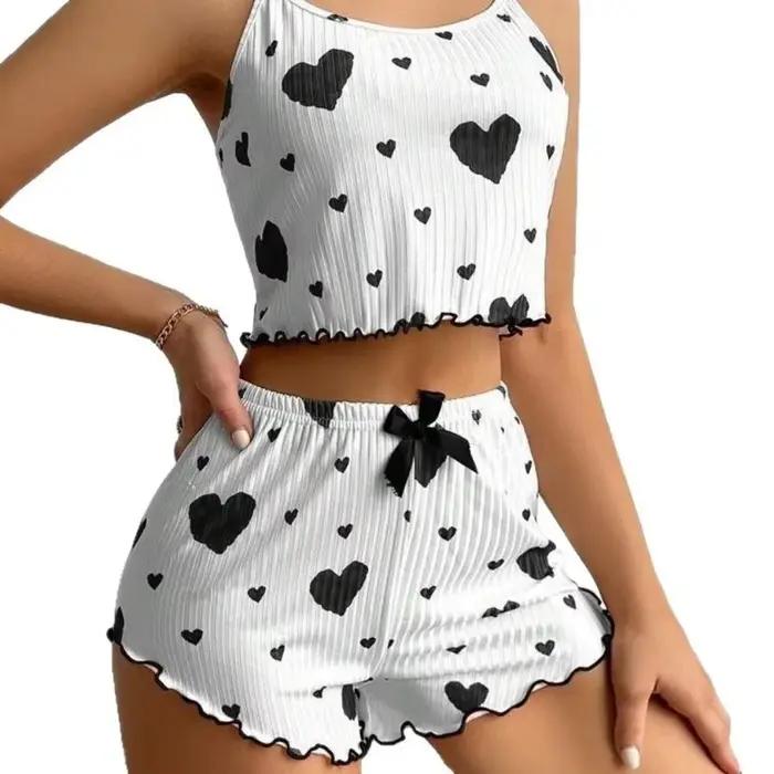 Ensemble de pyjama confortable pour femme, motif cœur, avec nœud, deux pièces, tenue d'intérieur, pyjama d'été, caraco et short pour fille