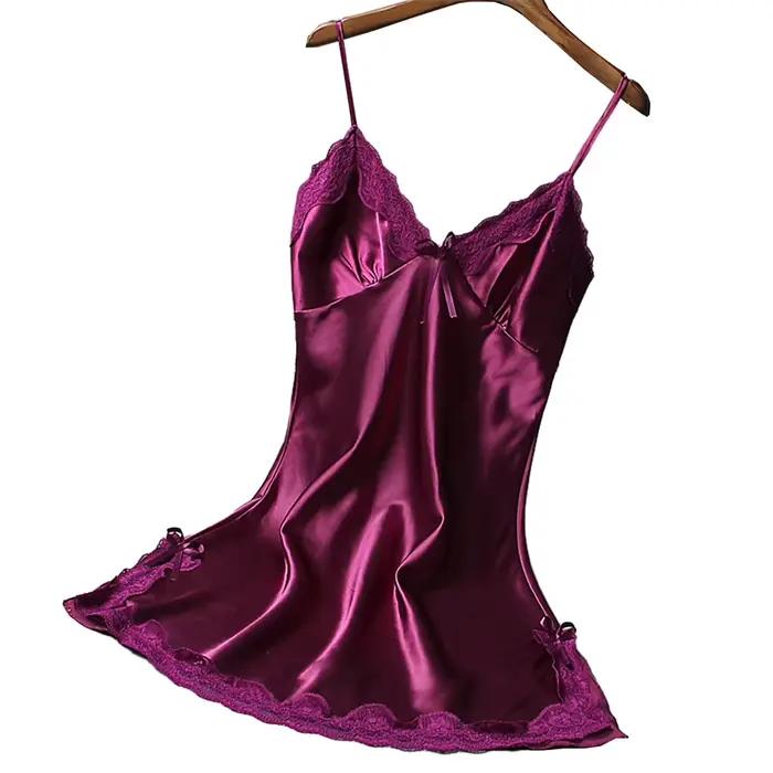 Offre spéciale femmes Sexy Satin chemise de nuit dentelle vêtements de nuit pour Lingerie vêtements de nuit dames Mini Robe courte Robe de nuit