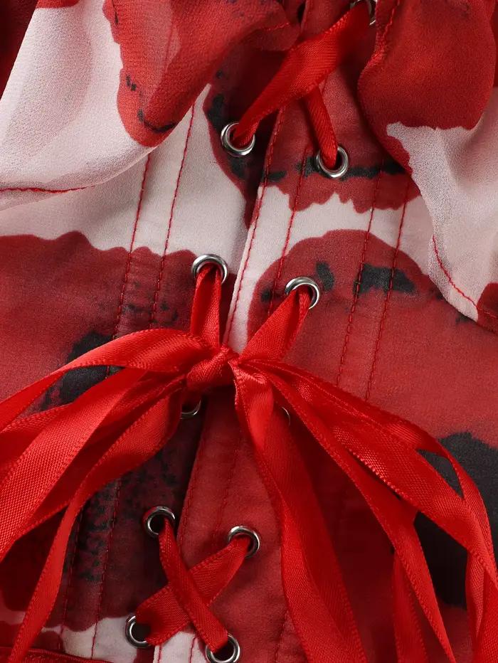 Corset floral rouge pour femme, décolleté cœur, manches à volants, dos lacé, style bustier gothique vintage, serre-taille, tenue de soirée