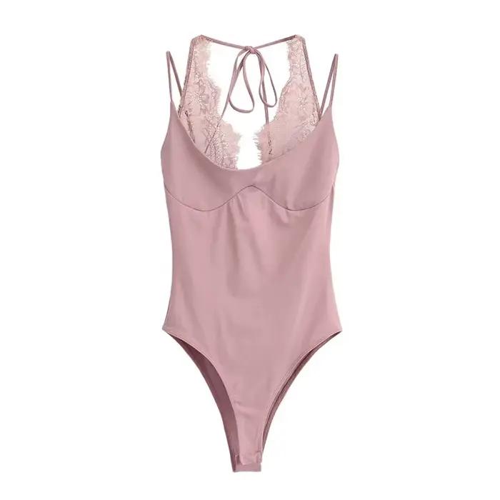 Combinaison rose sexy pour femme, idéale pour les soirées en boîte de nuit, combinaison moulante sans manches avec dentelle, haut slim tendance pour femme 2026