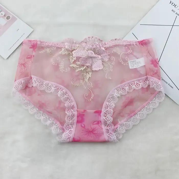 Culotte taille moyenne brodée de fleurs pour femmes, culotte en dentelle transparente commandée, slip sexy pour dames, sous-vêtement, 03/Wear